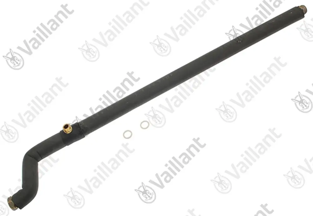 Vaillant Rohr mit einer gebogenen Form, ausgestattet mit Anschlussgewinden. Das Rohr ist zur Installation in Heizungs- oder Solaranlagen geeignet.